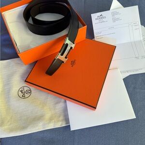 Authentic Hermes Black/Brown Leather Reversible Belt with Silver Buckle